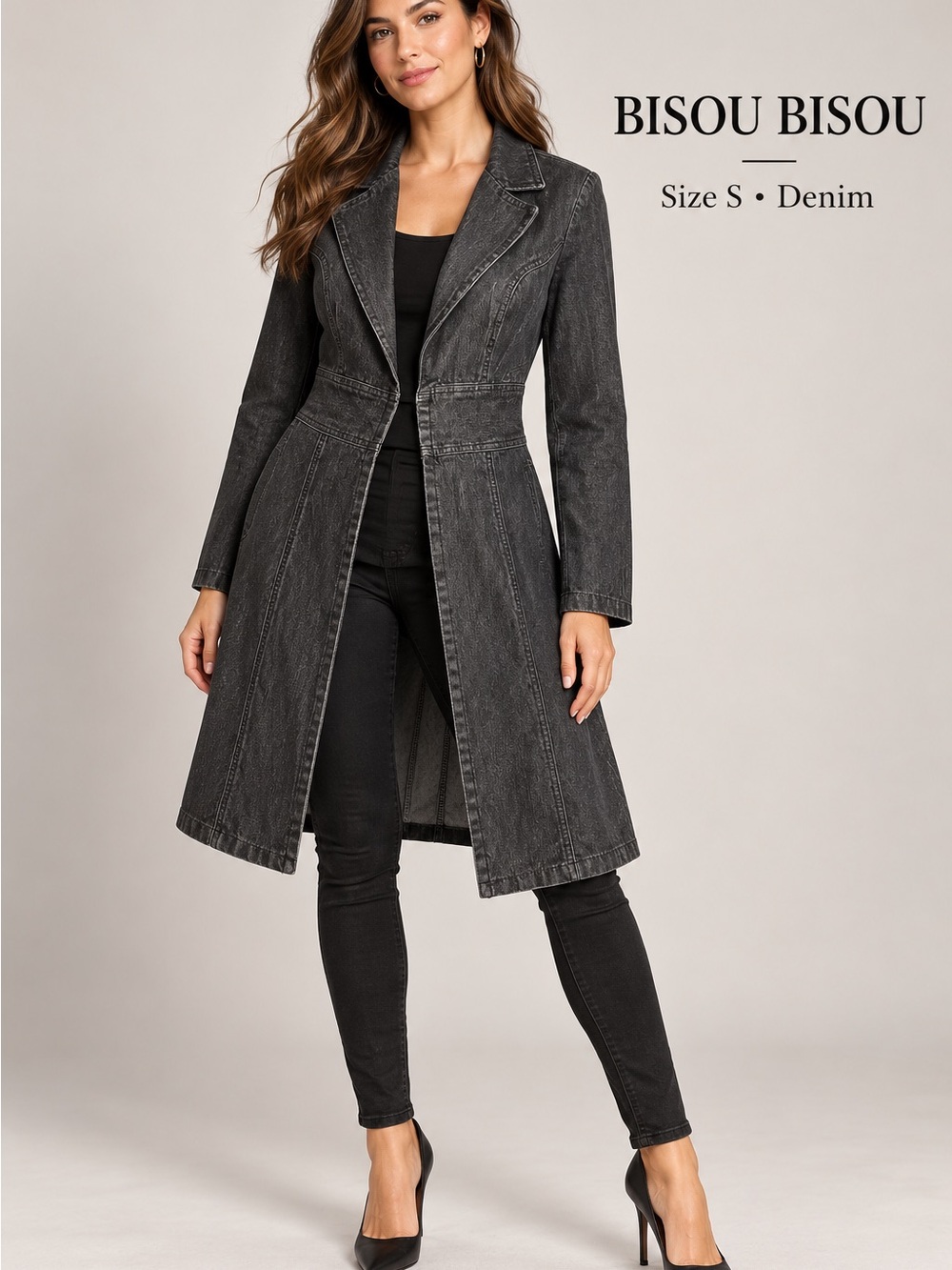 Bisou Bisou Black Washed Denim Trench Coat
